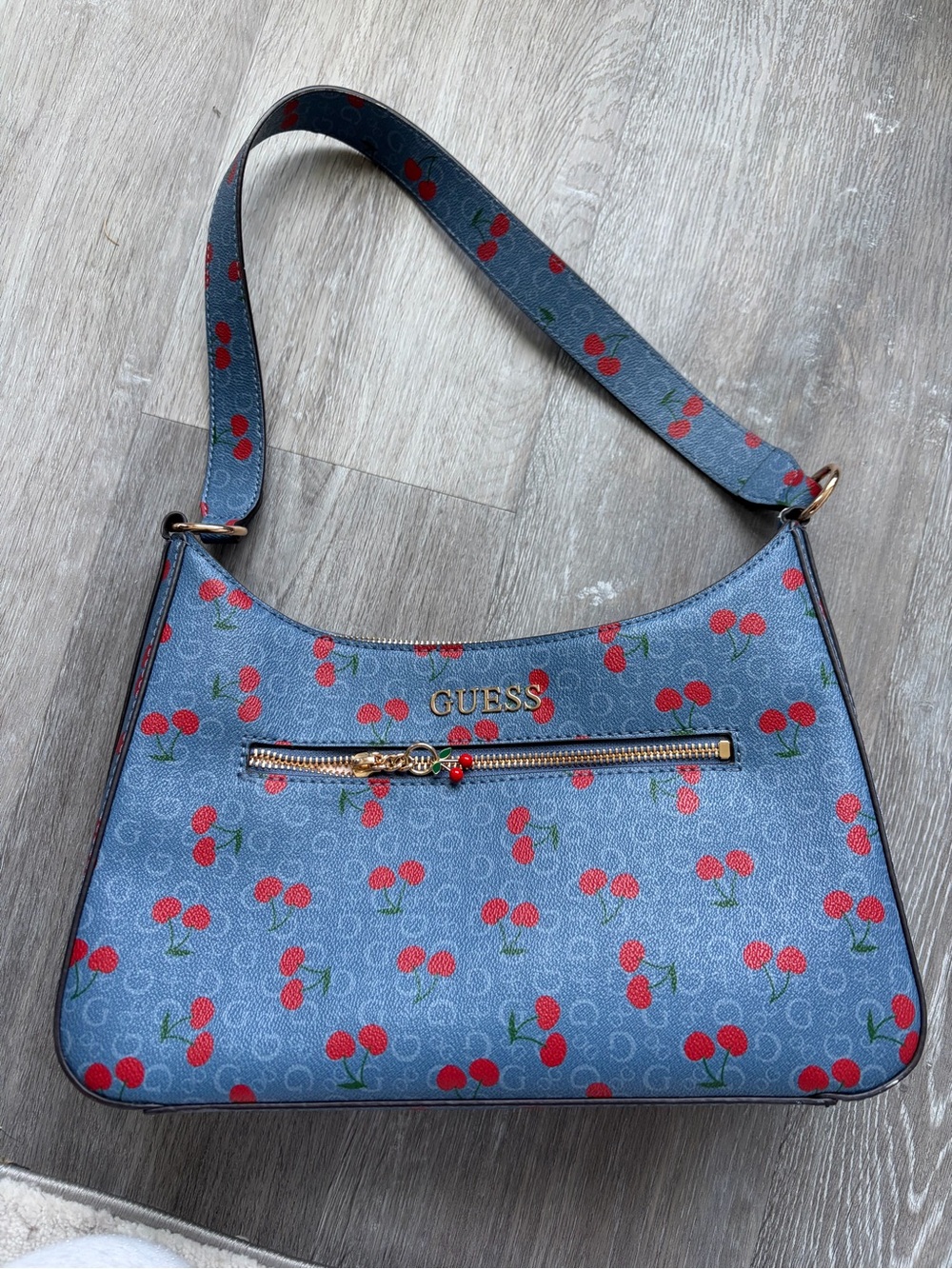 GUESS Light Blue Cherry-Print Shoulder Bag with Gold Hardware